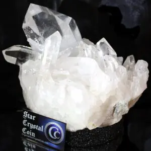 Large clear quartz crystal cluster on display.