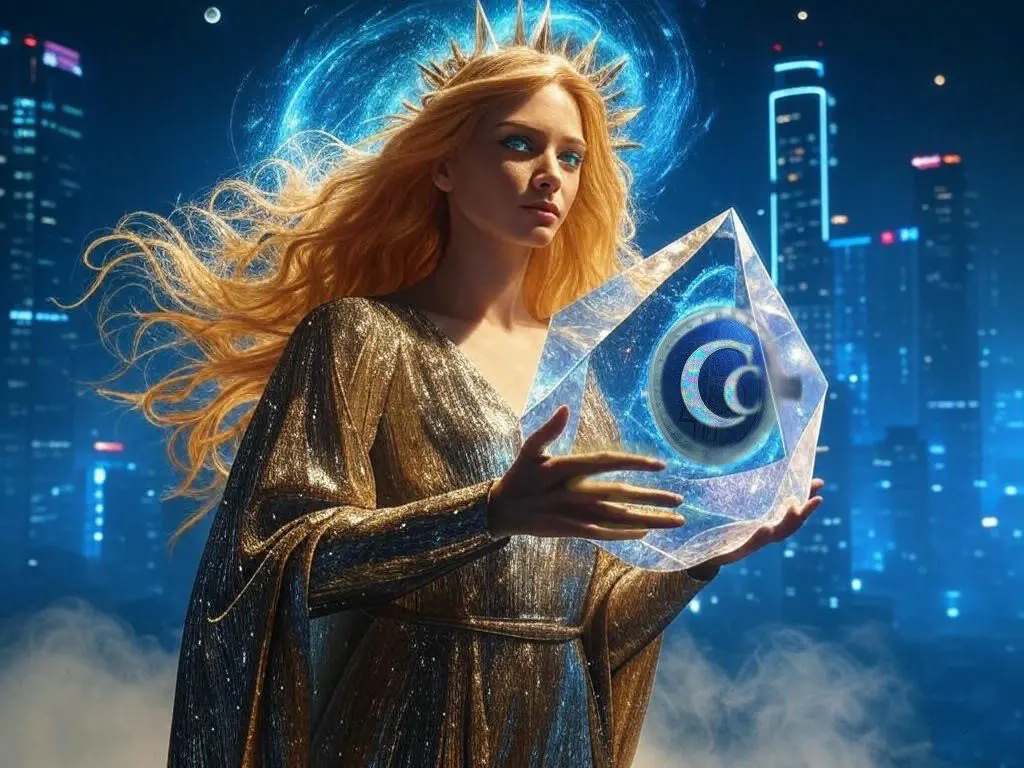 A radiant woman holds a glowing crescent moon symbol inside a crystal.