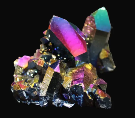 Colorful, iridescent bismuth crystal with geometric shapes.