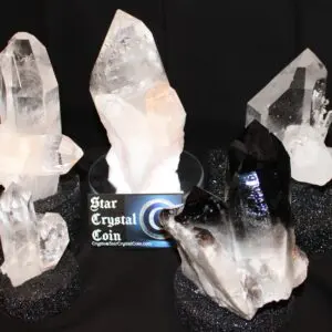 Clear quartz and smoky quartz crystal display.