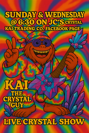 Colorful cartoon character with crystals and guitar.