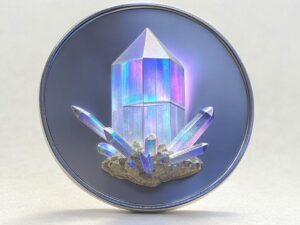 A blue plate with a crystal on top of it.