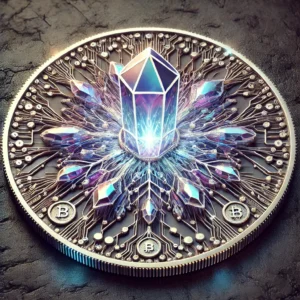 A silver coin with a crystal on it