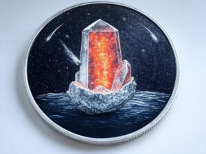 A painting of an ice crystal with fire inside it.