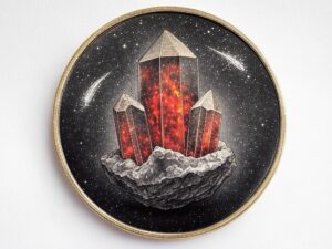 A painting of three red crystals on top of a rock.