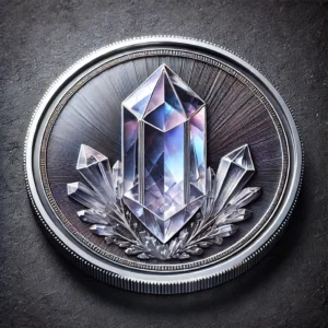 A silver coin with a crystal on it