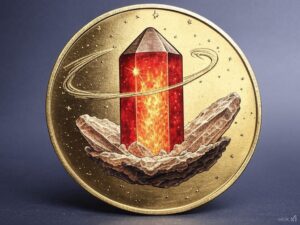 A gold coin with a red crystal on it.