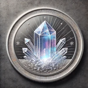 A silver coin with a crystal inside of it.