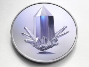 A silver coin with a crystal on it