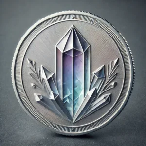 A silver coin with a crystal on it