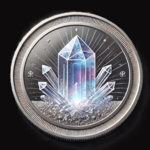 A silver coin with a crystal inside of it.