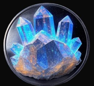 A blue crystal cluster sitting on top of a black surface.