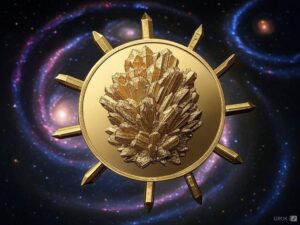 A gold sun with pinecones on it in front of the stars.