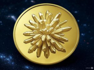 A gold coin with a flower design on it.