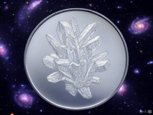 A silver coin with a picture of a crystal cluster.