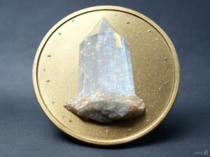 A large crystal on top of a gold coin.