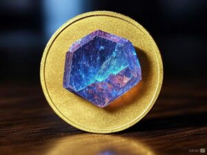 A gold coin with a blue crystal on top of it.