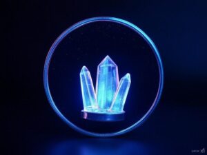 A blue light is shining on the top of a crystal.