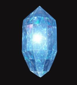 A blue crystal with light shining through it.