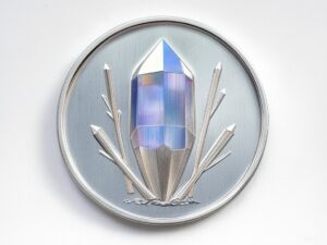 A silver coin with a crystal on it