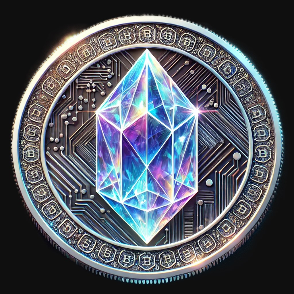 A picture of an ethereum coin with the image of a crystal.