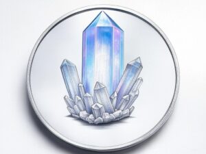 A silver coin with a crystal on it