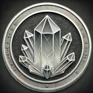 A silver coin with a crystal on it