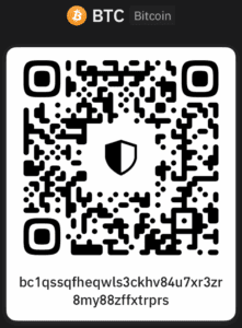 A black and white QR code with a shield symbol in the center.