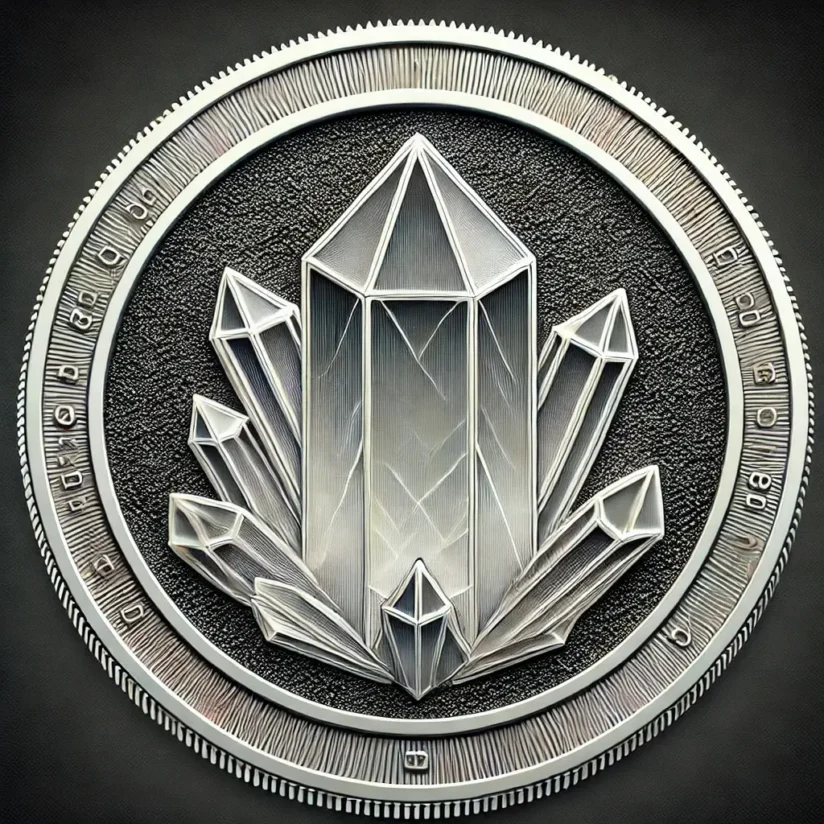A silver coin featuring a geometric crystal design in the center.